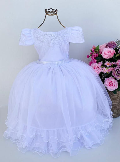 Vestido Infantil Branco em Tule com Babadinho e Renda Delicada para Daminhas