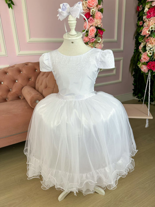 Vestido Infantil Branco em Tule com Babadinho e Renda Delicada para Daminhas