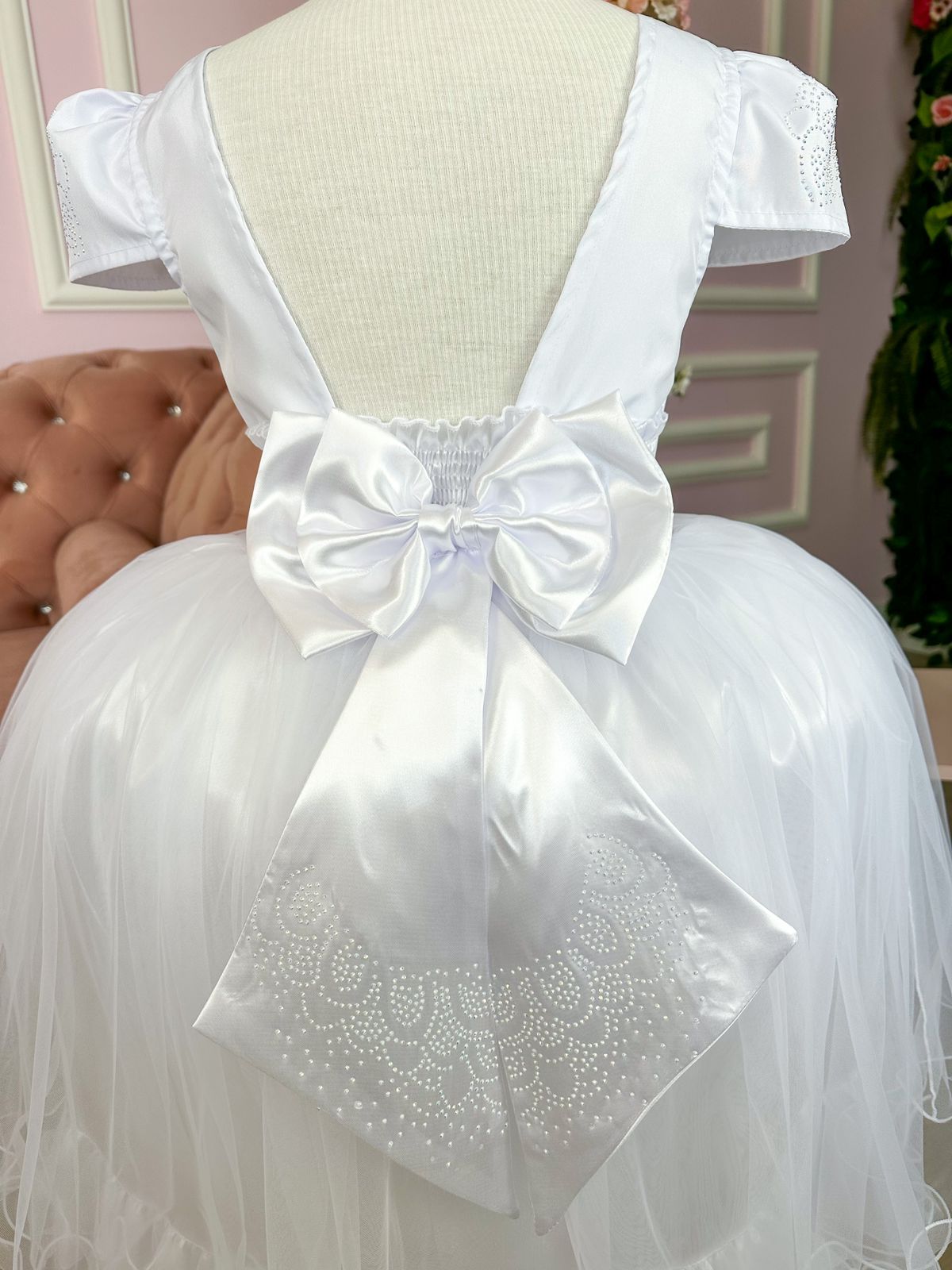 Vestido Infantil Branco em Tule com Babadinho e Renda Delicada para Daminhas