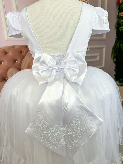 Vestido Infantil Branco em Tule com Babadinho e Renda Delicada para Daminhas