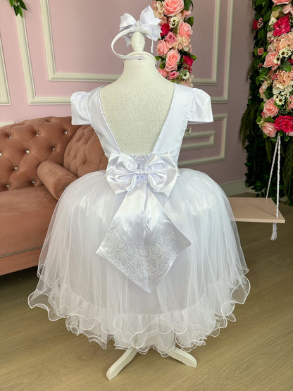 Vestido Infantil Branco em Tule com Babadinho e Renda Delicada para Daminhas