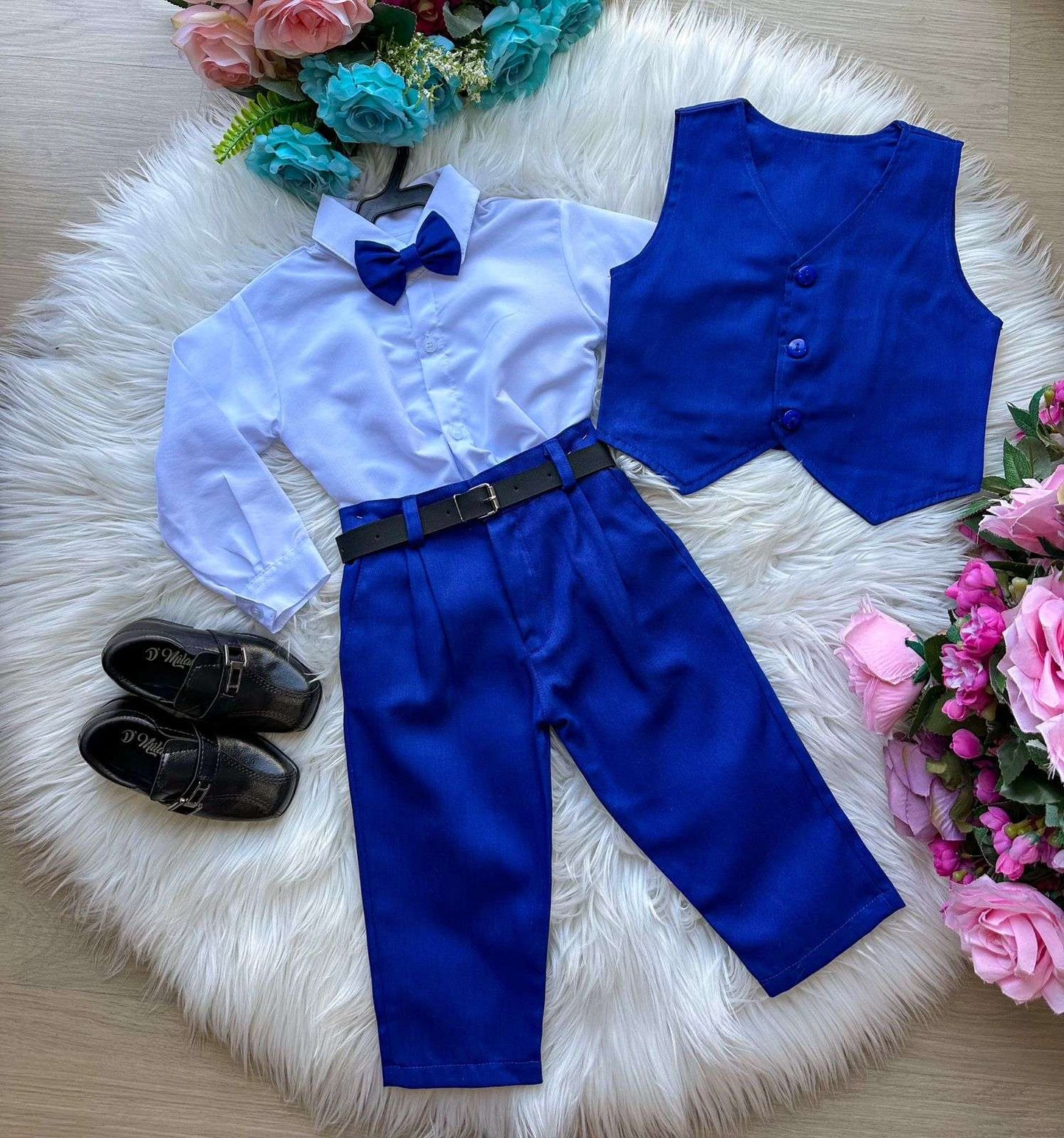 Conjunto Social Infantil Azul Royal em Algodão com Gravata Borboleta e Colete Incluso para Festa