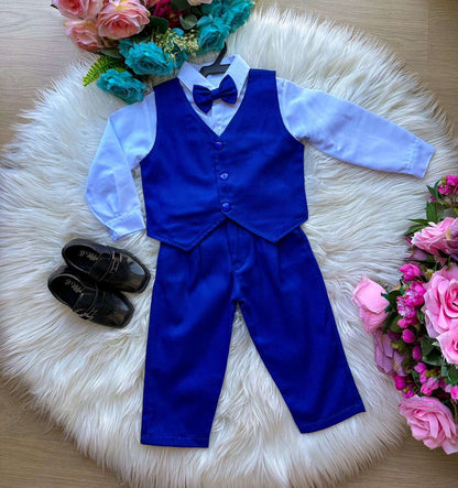 Conjunto Social Infantil Azul Royal em Algodão com Gravata Borboleta e Colete Incluso para Festa