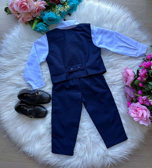 Conjunto Social Infantil Azul Marinho em Algodão com Gravata Borboleta e Colete para Festa