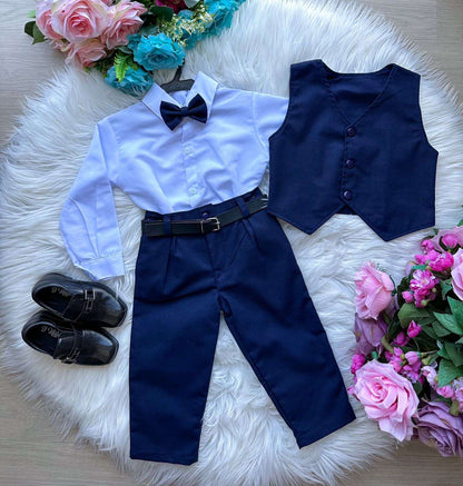Conjunto Social Infantil Azul Marinho em Algodão com Gravata Borboleta e Colete para Festa