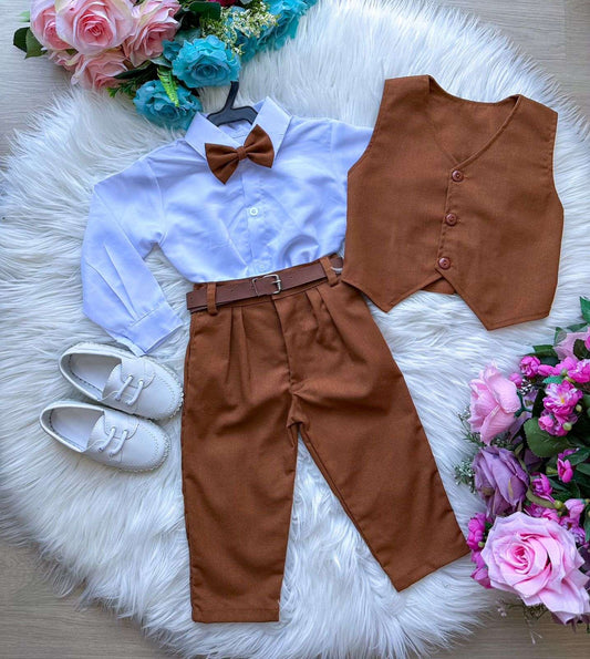 Conjunto Social Infantil Caramelo em Linho com Gravata Borboleta para Casamento