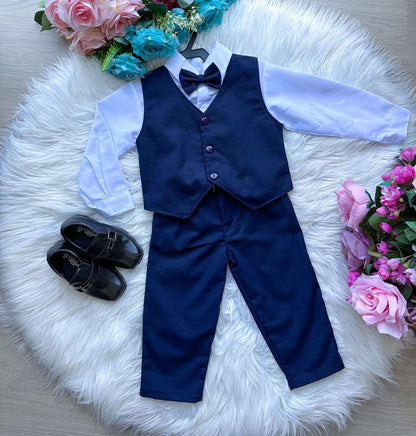 Conjunto Social Infantil Azul Marinho em Algodão com Gravata Borboleta e Colete para Festa
