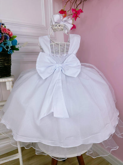 Vestido Infantil Branco em Voal com Strass e Cinto de Pérolas para Festa de Aniversário