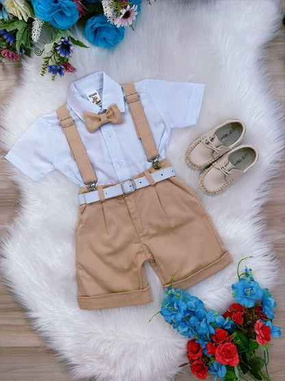 Conjunto Social Infantil Branco em Algodão com Short e Suspensório Caqui e Gravata Borboleta para Festa