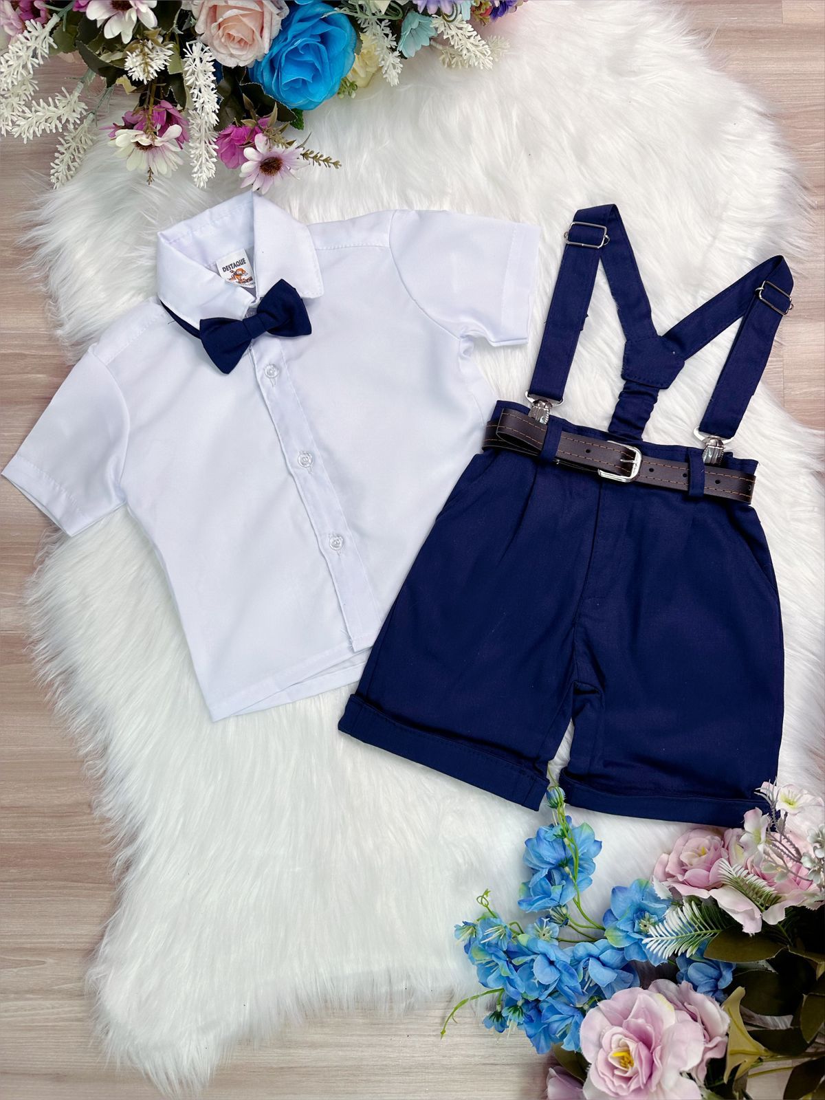 Conjunto Social Short Susp. Gravata Azul Marinho Camisa