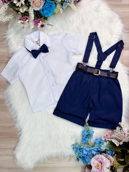 Conjunto Social Short Susp. Gravata Azul Marinho Camisa