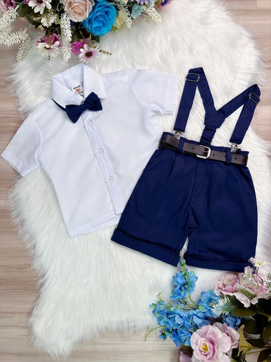 Conjunto Social Short Susp. Gravata Azul Marinho Camisa