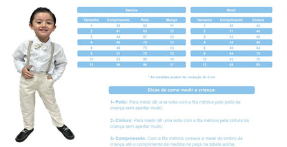 Conjunto Social Infantil Bege em Algodão com Camisa e Suspensório para Festa