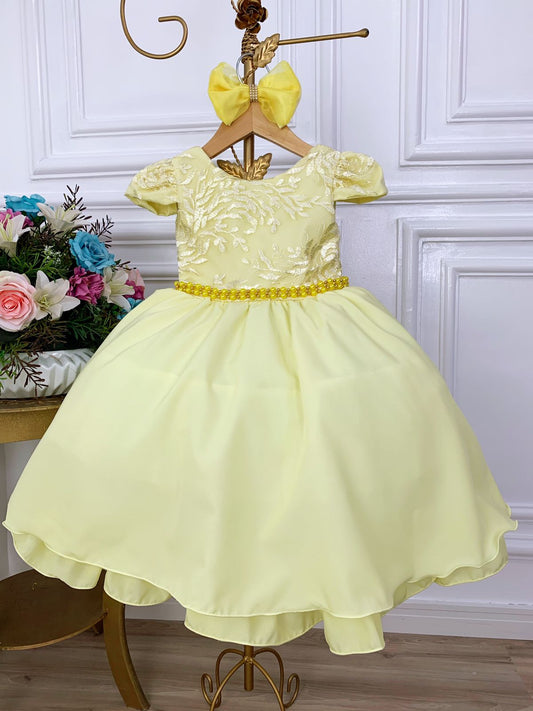 Vestido Infantil Amarelo em Renda com Cinto de Pérolas e Laço para Daminhas