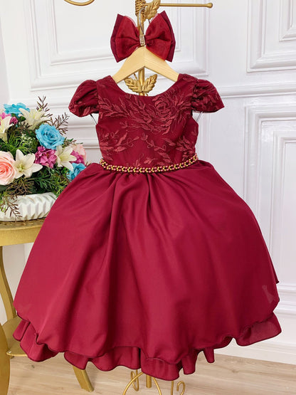 Vestido Infantil Marsala em Renda com Cinto de Pérolas e Laço para Daminhas