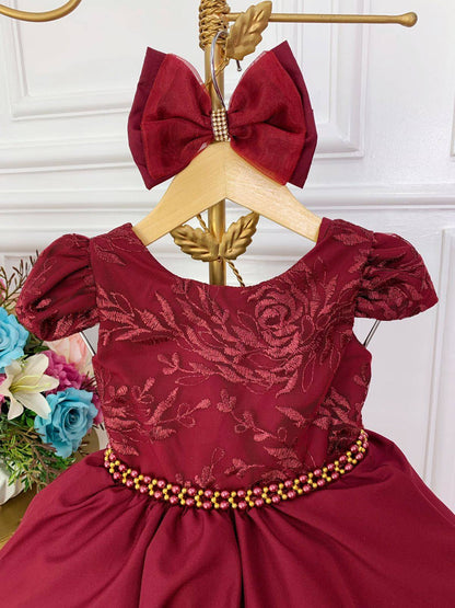 Vestido Infantil Marsala em Renda com Cinto de Pérolas e Laço para Daminhas