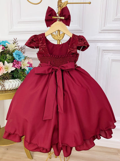 Vestido Infantil Marsala em Renda com Cinto de Pérolas e Laço para Daminhas