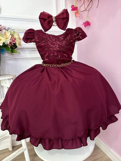 Vestido Infantil Marsala em Renda com Cinto de Pérolas e Laço para Daminhas
