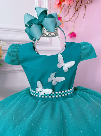 Vestido Infantil Verde em Glitter com Aplique de Borboletas e Saia Rodada para Festa de Aniversário
