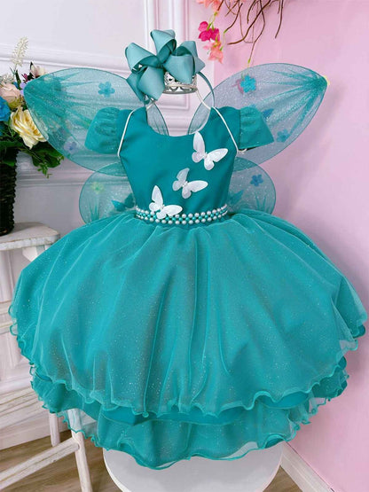 Vestido Infantil Verde em Glitter com Aplique de Borboletas e Saia Rodada para Festa de Aniversário