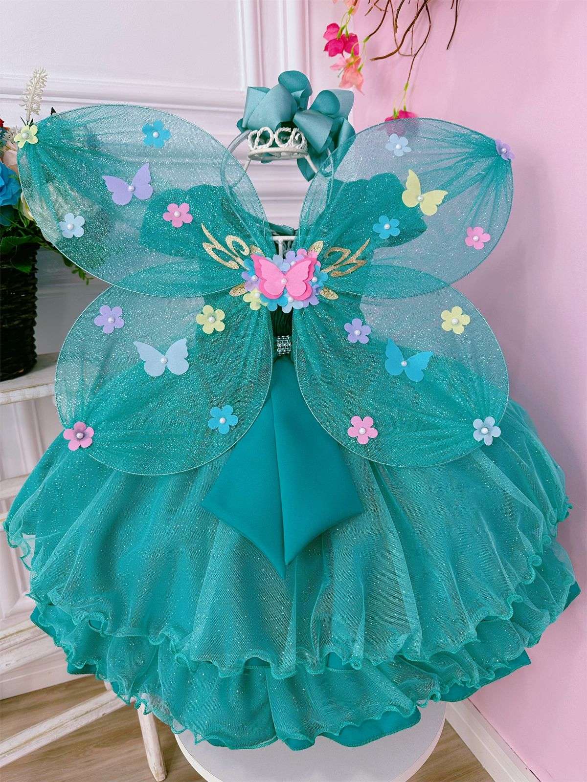 Vestido Infantil Verde em Glitter com Aplique de Borboletas e Saia Rodada para Festa de Aniversário