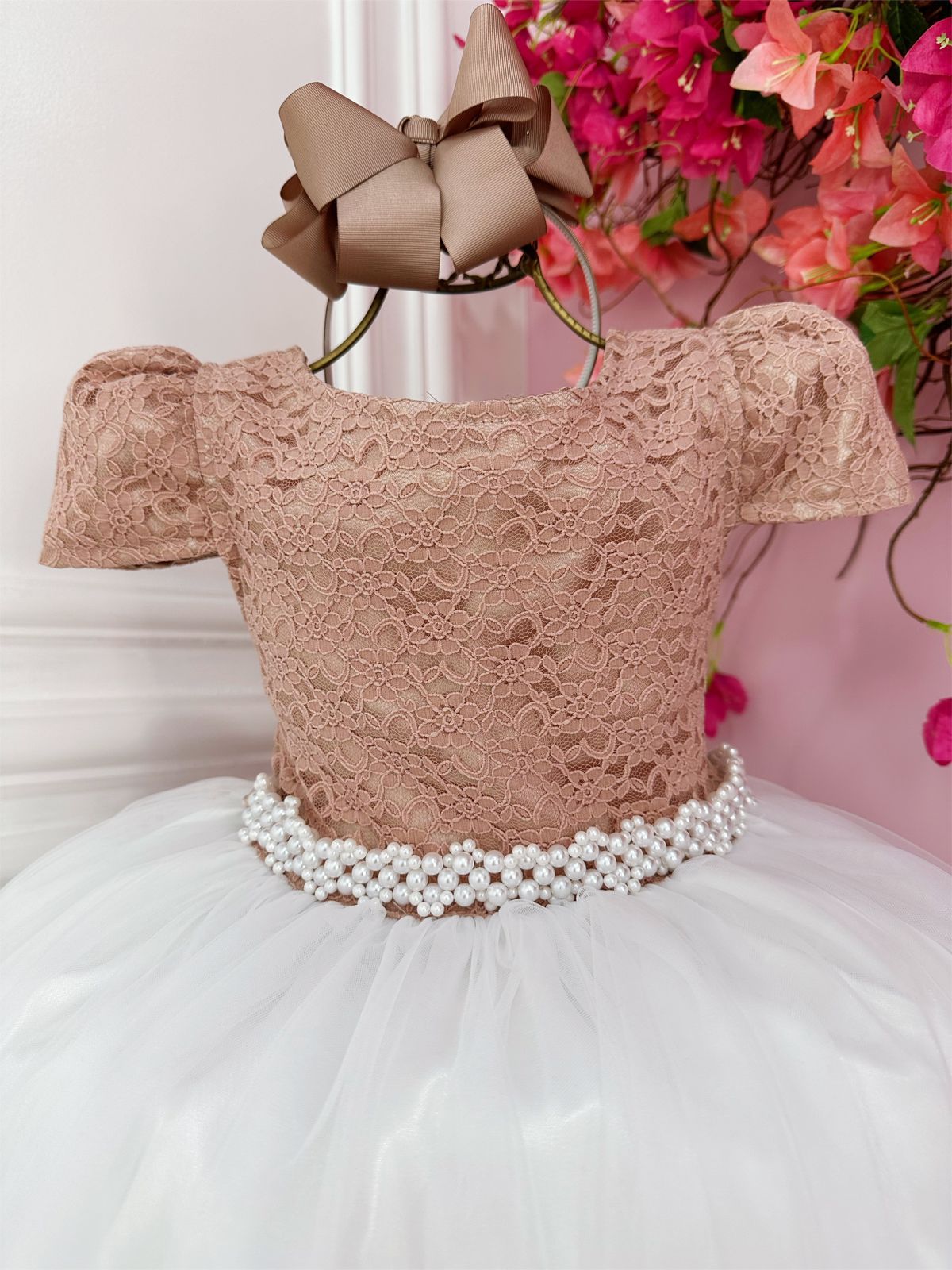 Vestido Infantil Rose C/ Renda e Saia Branca Damas Longo