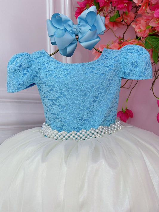 Vestido Infantil Azul C/ Renda e Saia Off White Damas Longo