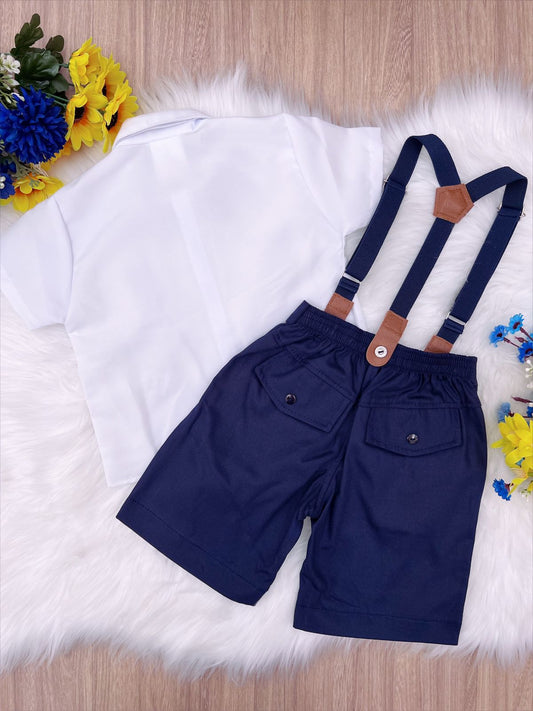 Conjunto Social Infantil Branco em Poliéster com Bermuda Azul e Gravata de Algodão para Festa