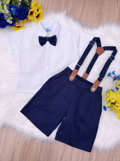 Conjunto Social Infantil Branco em Poliéster com Bermuda Azul e Gravata de Algodão para Festa