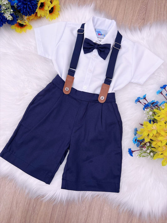 Conjunto Social Infantil Branco em Poliéster com Bermuda Azul e Gravata de Algodão para Festa