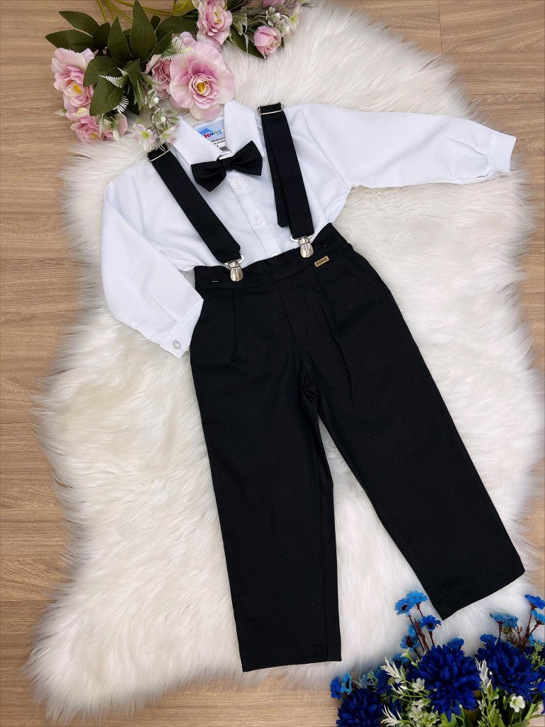 Conjunto Social Infantil Branco em Poliéster com Calça e Gravata Preta e Suspensório Removível para Festa