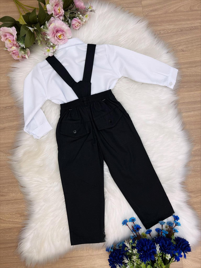 Conjunto Social Infantil Branco em Poliéster com Calça e Gravata Preta e Suspensório Removível para Festa