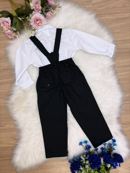 Conjunto Social Infantil Branco em Poliéster com Calça e Gravata Preta e Suspensório Removível para Festa