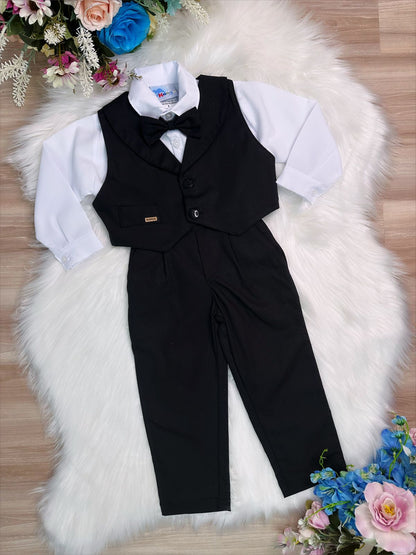 Conjunto Social Infantil Preto com Calça, Camisa, Colete e Gravata