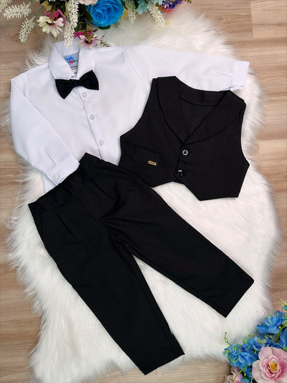 Conjunto Social Infantil Preto com Calça, Camisa, Colete e Gravata