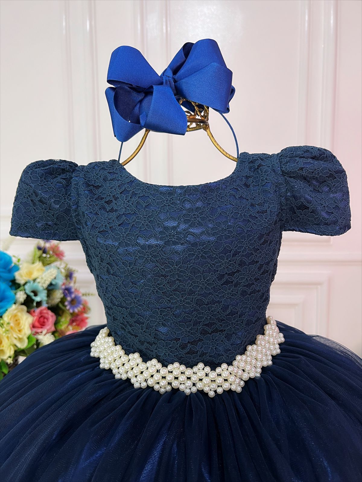 Vestido Infantil Azul Marinho Tule e Renda Longo Dama Luxo