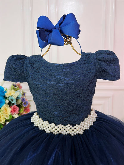 Vestido Infantil Azul Marinho Tule e Renda Longo Dama Luxo