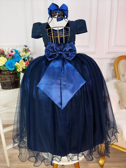 Vestido Infantil Azul Marinho Tule e Renda Longo Dama Luxo