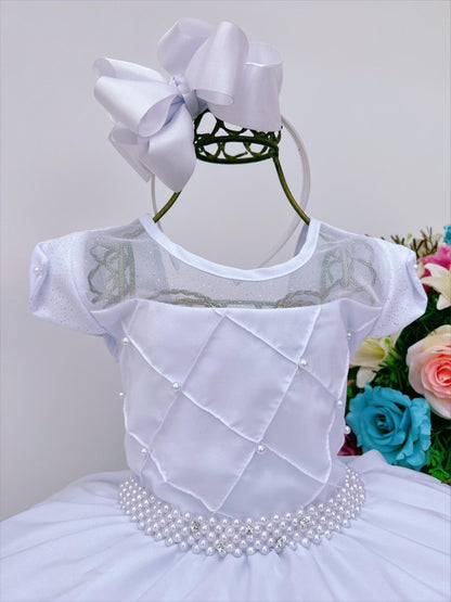 Vestido Infantil Branco em Cetim com Pérolas e Nervuras para Daminhas