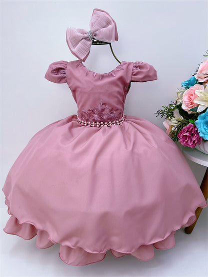 Vestido Infantil Rosa em Renda com Laço e Cinto de Pérolas para Daminhas