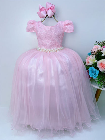 Vestido Infantil Rosa em Tule com Renda e Saia Rodada para Festa de Casamento