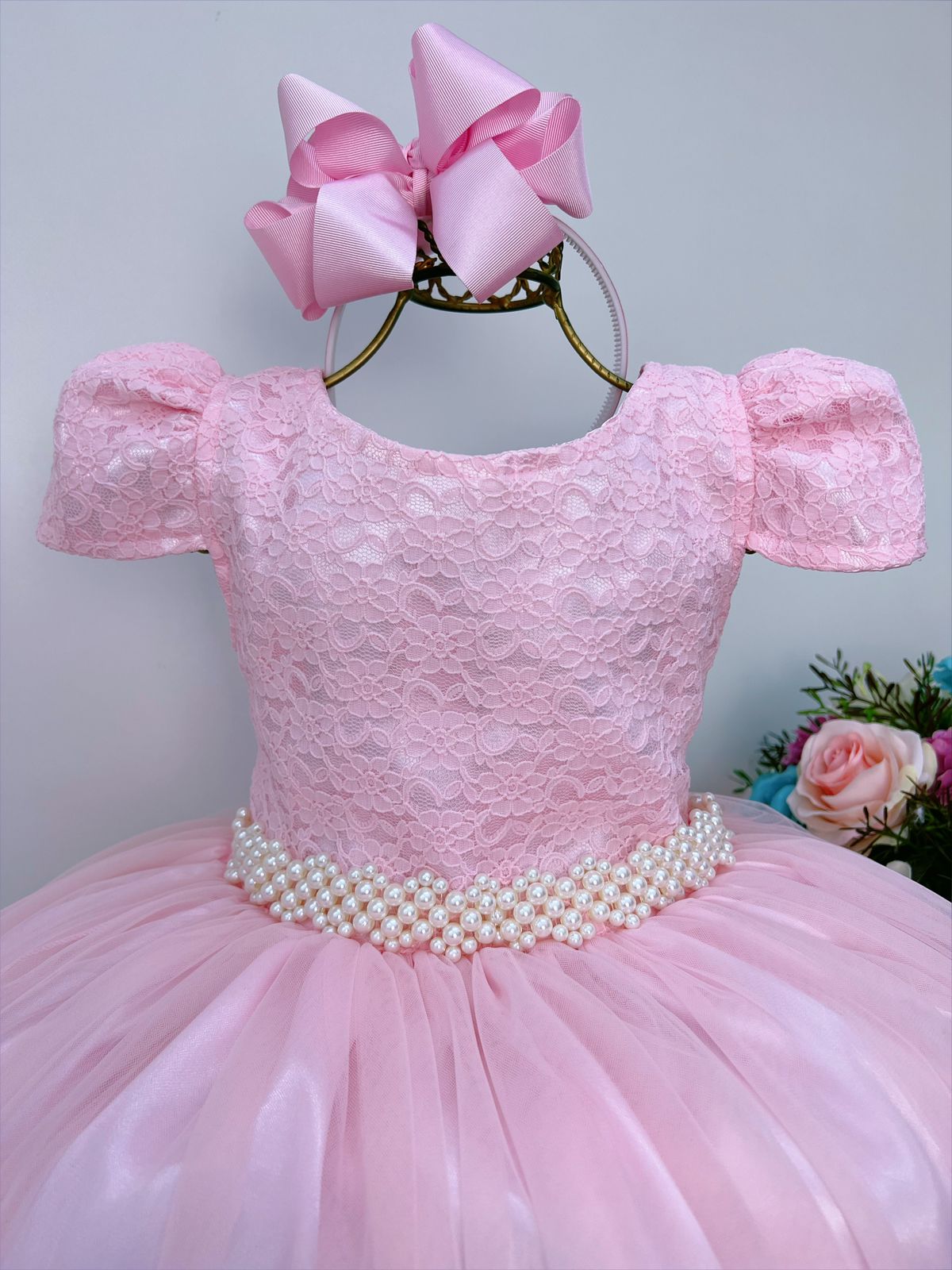 Vestido Infantil Rosa em Tule com Renda e Saia Rodada para Festa de Casamento