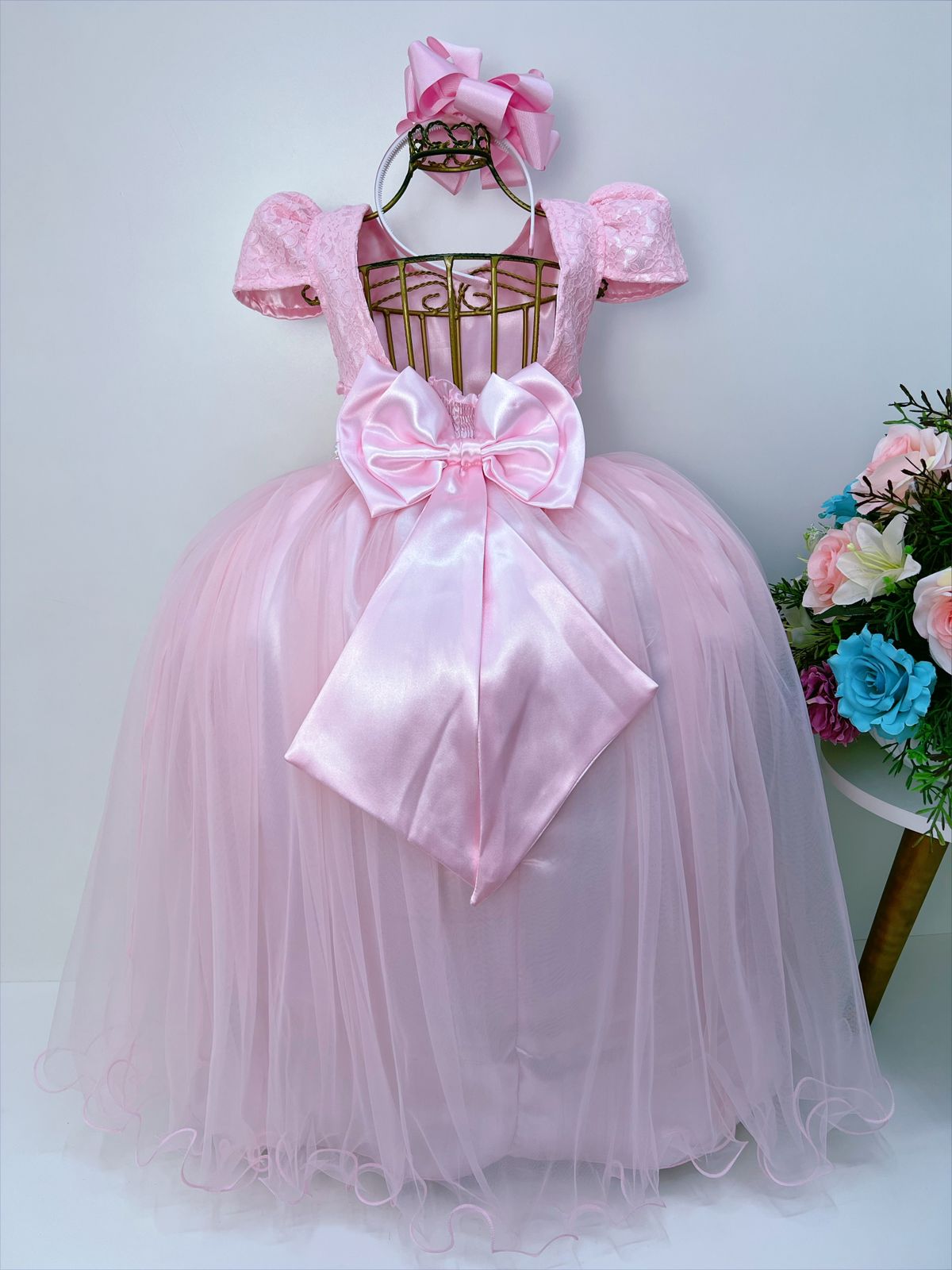 Vestido Infantil Rosa em Tule com Renda e Saia Rodada para Festa de Casamento