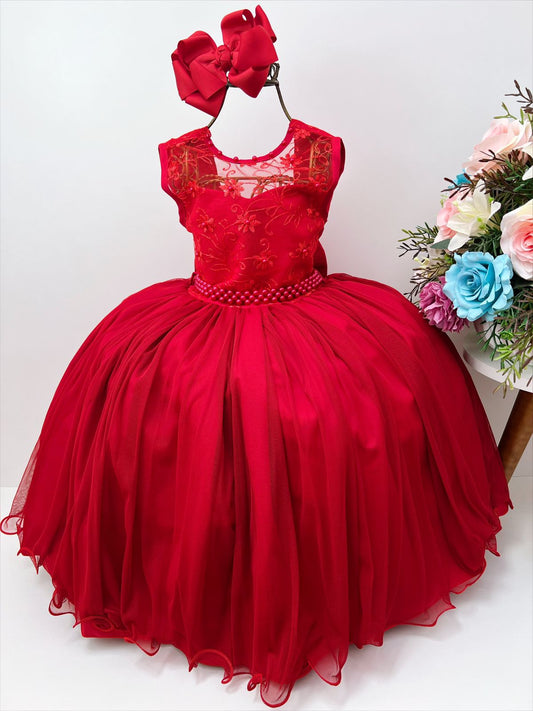 Vestido Infantil Vermelho em Renda com Pérolas Saia Rodada para Daminhas