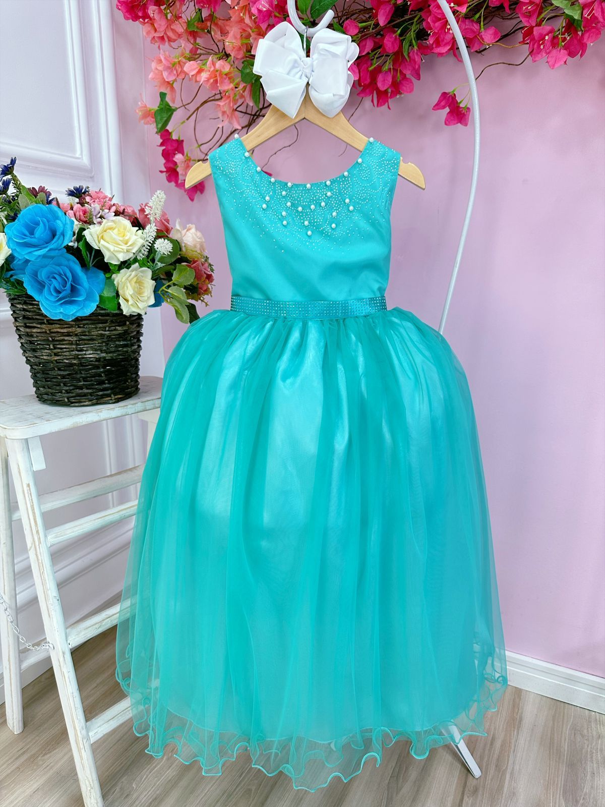 Vestido Infantil Damas de Honra Longo Verde Pérolas Luxo