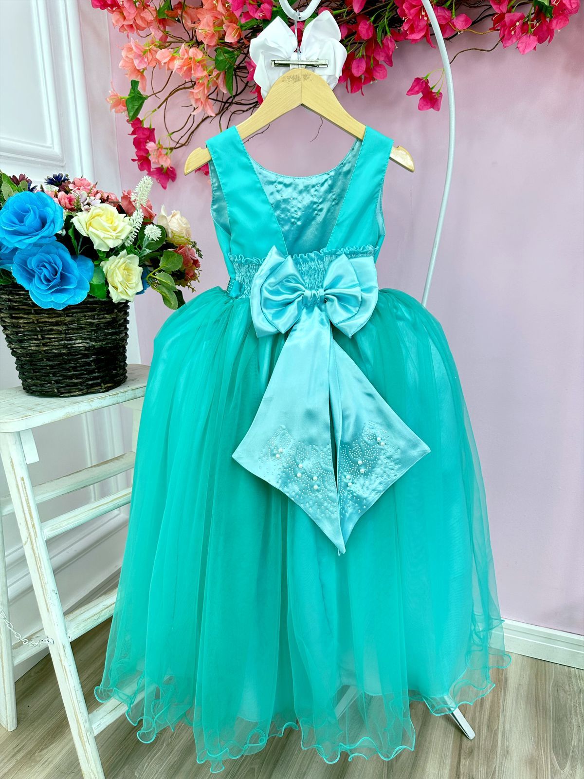 Vestido Infantil Damas de Honra Longo Verde Pérolas Luxo