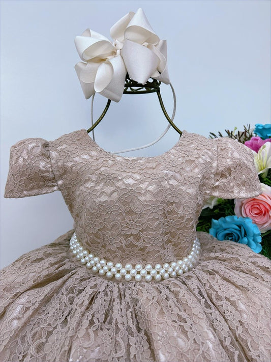 Vestido Infantil Dourado em Renda com Pérolas e Brilho Luxuoso