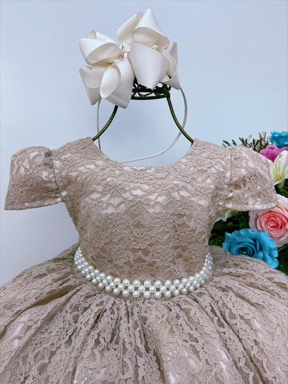 Vestido Infantil Dourado em Renda com Pérolas e Brilho Luxuoso
