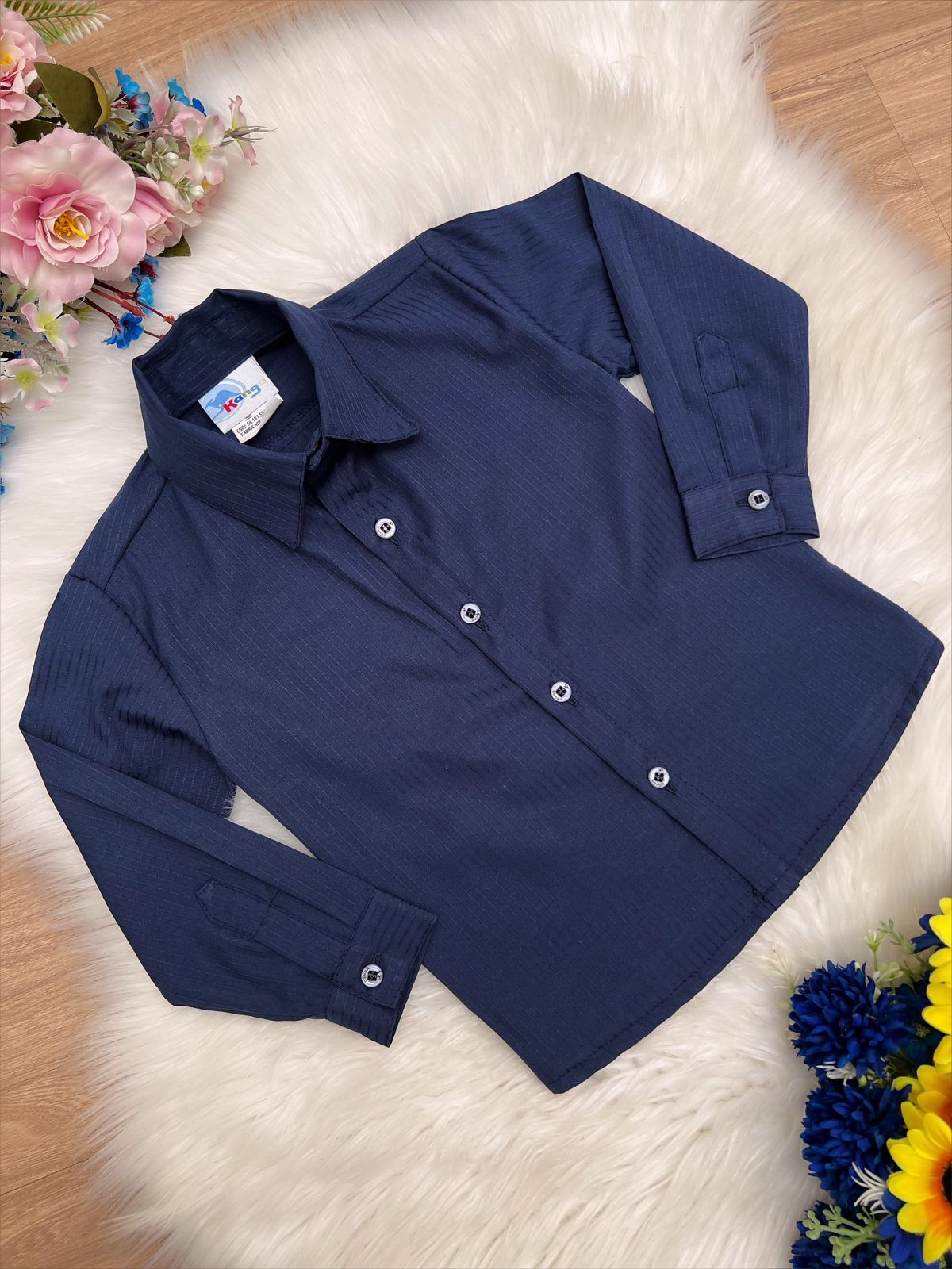 Conjunto Social Infantil Azul Marinho em Poliéster Canelado com Camisa Clássica para Festa