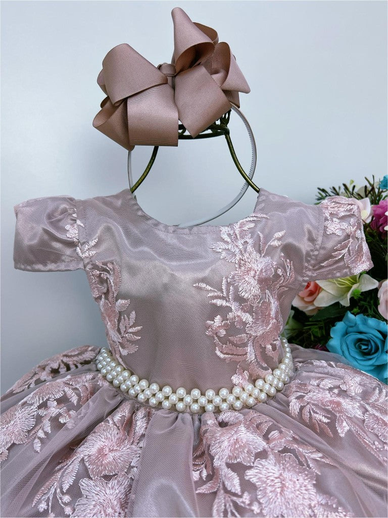 Vestido Infantil Rose Renda Realeza Cinto de Pérola
